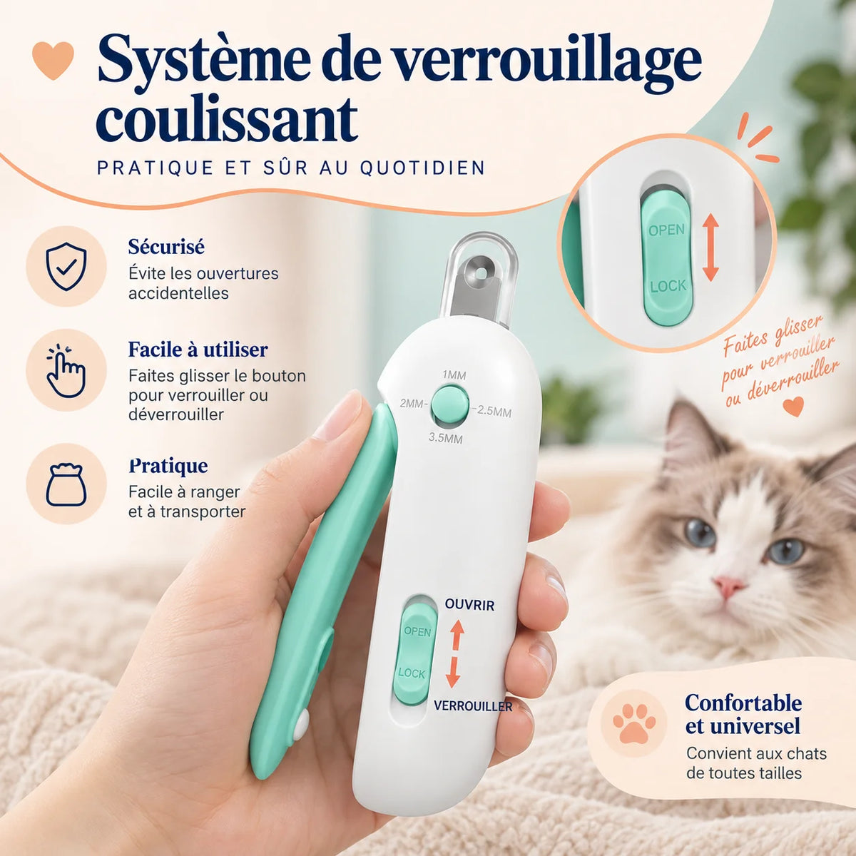 Système de verrouillage coulissant du coupe griffes chat ZenClaw – Oaura
