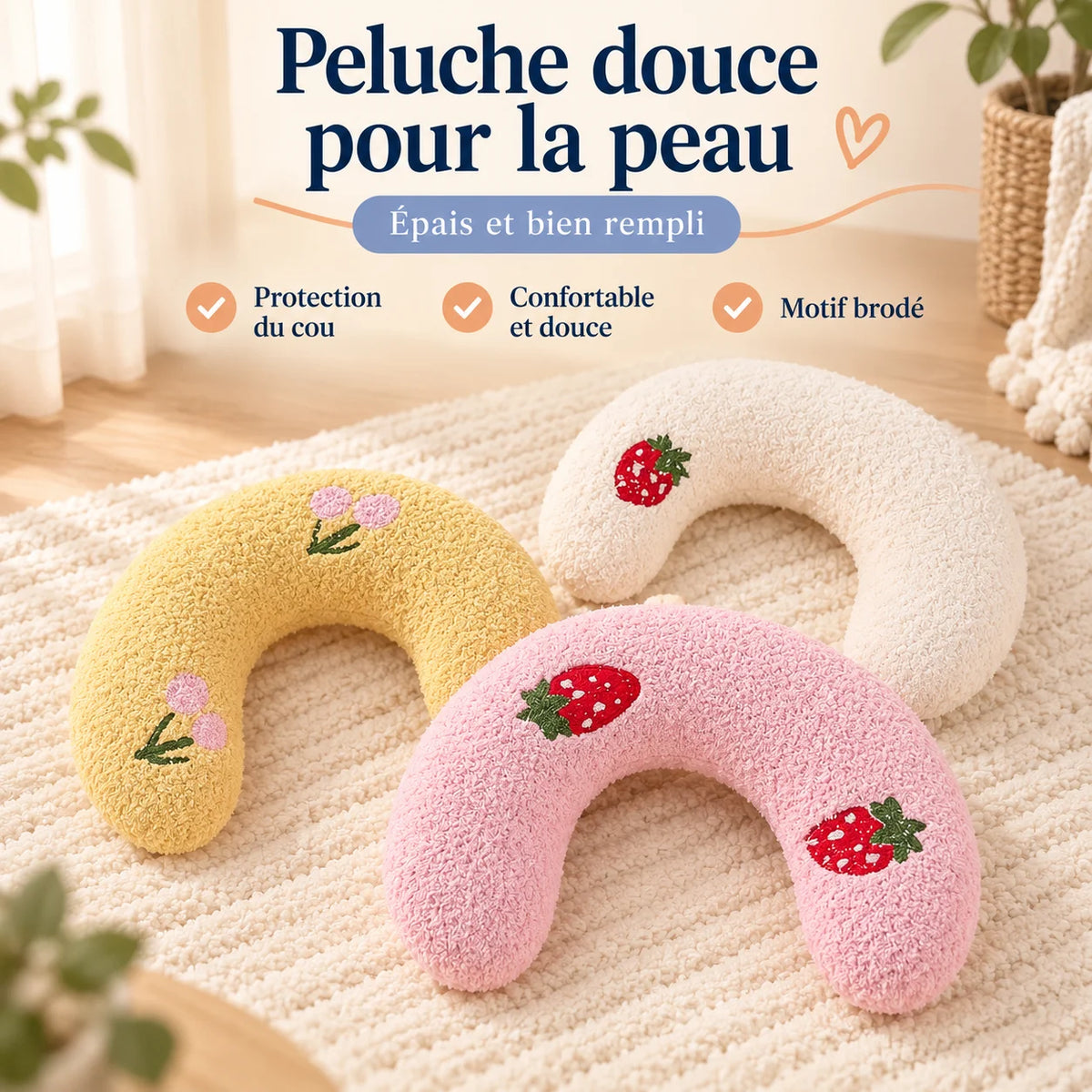 Coussin pour chat CozyU en peluche douce, coloris rose, jaune et blanc avec motifs brodés – Oaura