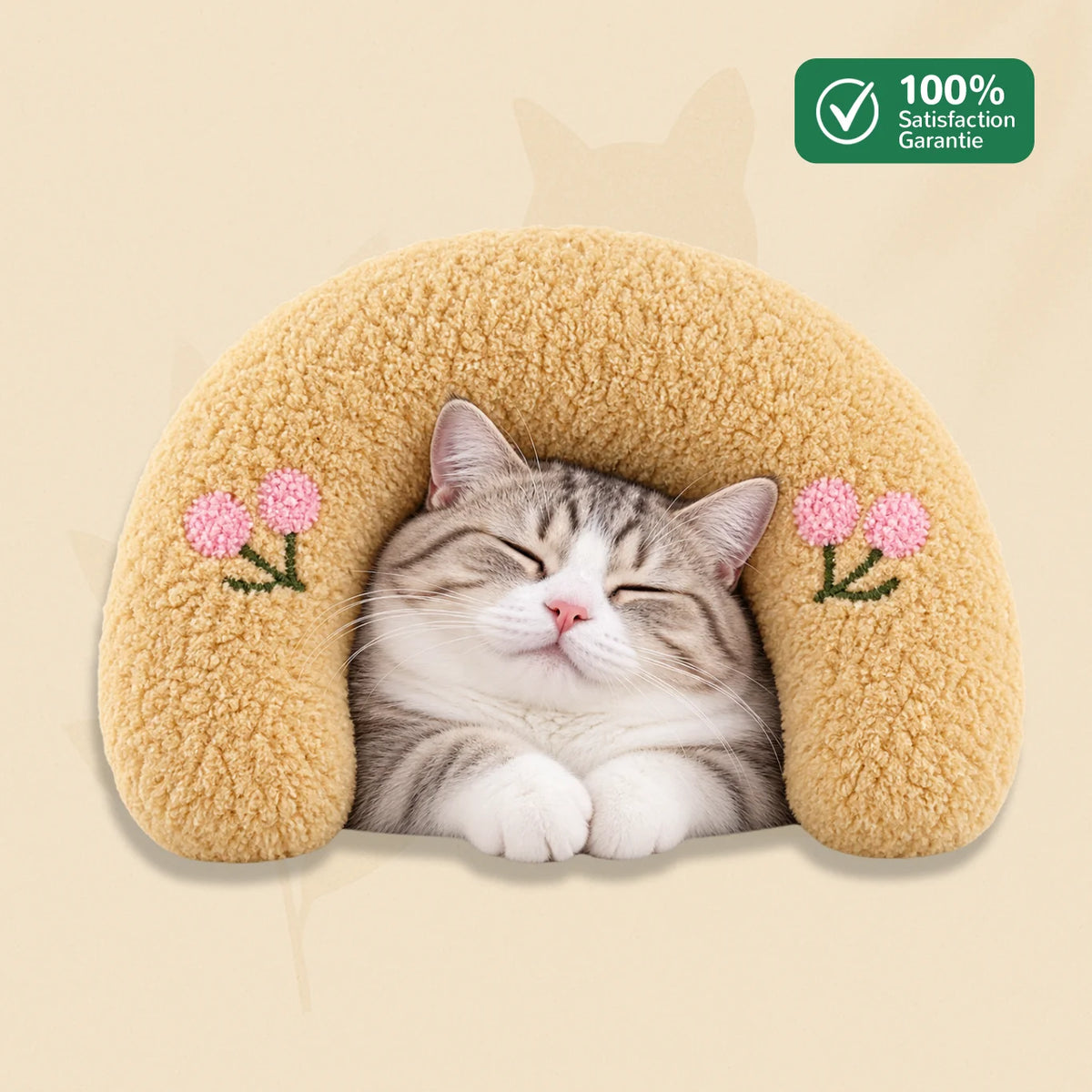 Coussin pour chat CozyU jaune en peluche douce avec motifs fleurs et chat endormi – Oaura