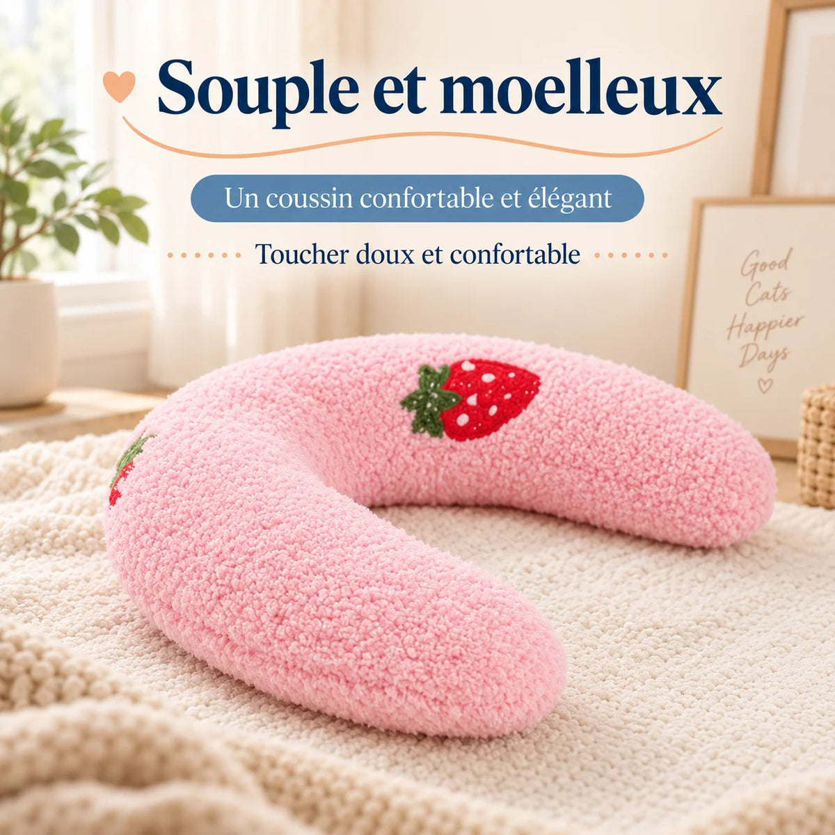 Coussin pour chat CozyU rose en peluche douce avec motif fraise brodé – Oaura
