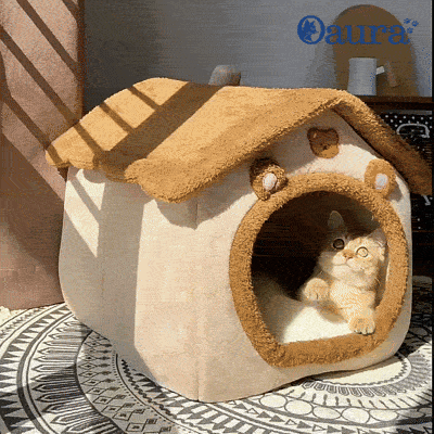 GIF de présentation de la maison cocon CozyCoon pour chat avec niche fermée, coussin moelleux et effet refuge rassurant.