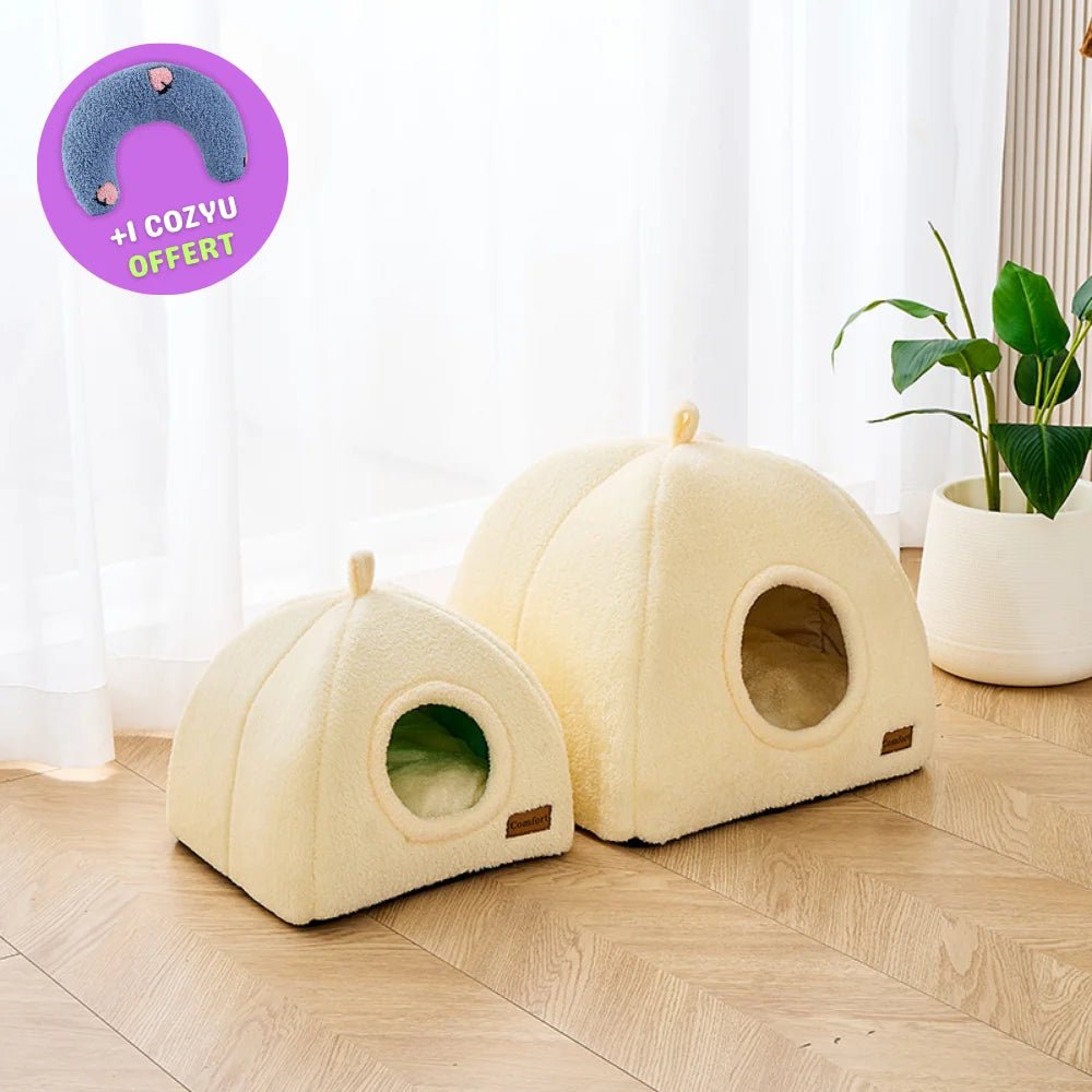 Tente pour chat CozyDen beige disponible en deux tailles S et L