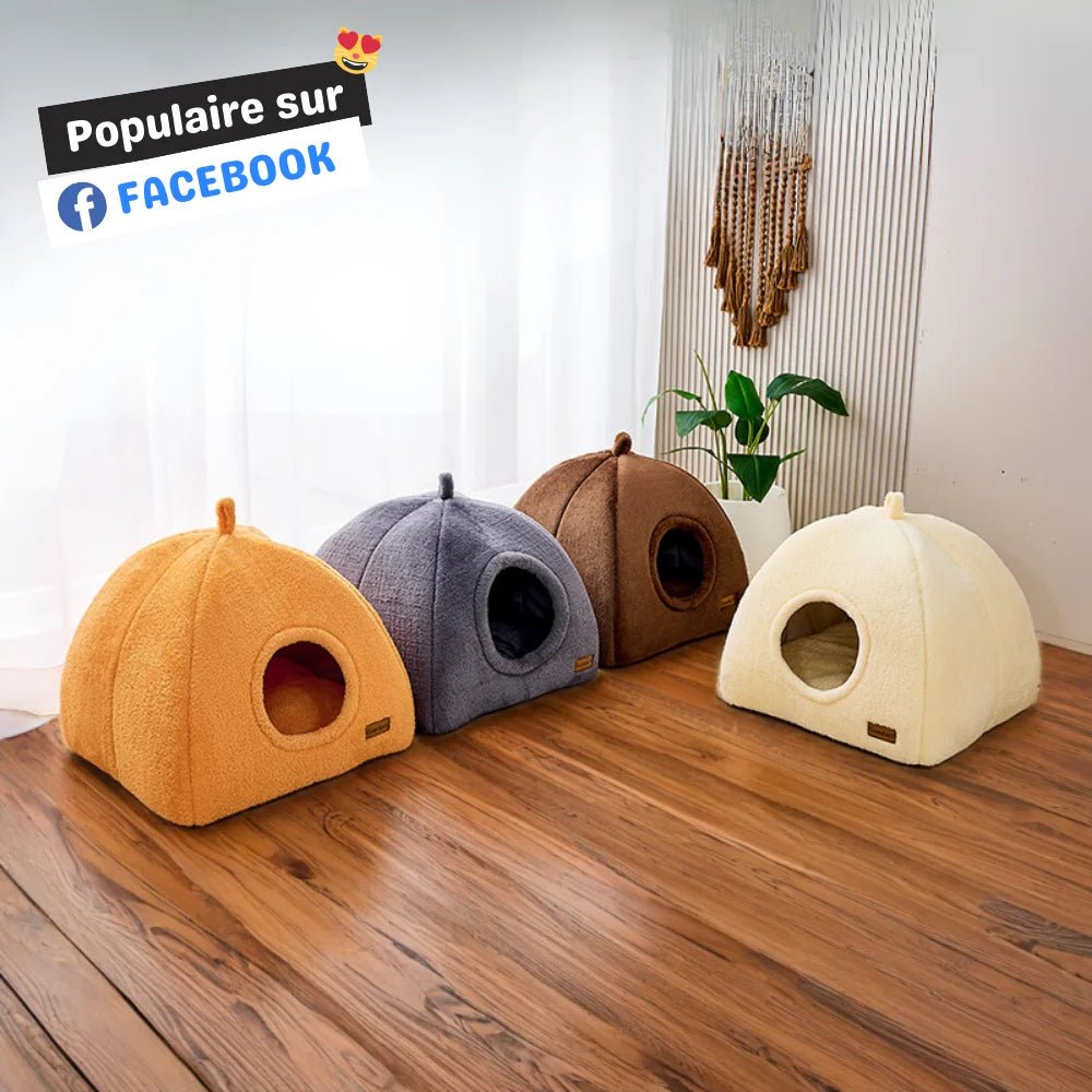 Tente pour chat CozyDen disponible en plusieurs coloris : orange, gris, marron et crème