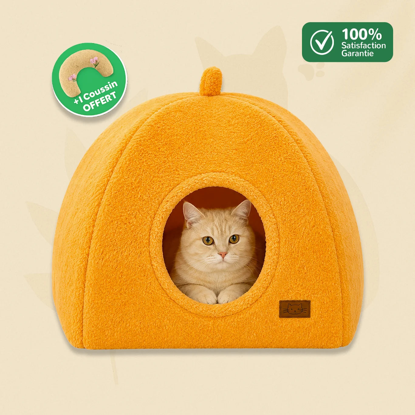 Tente pour chat douillette CozyDen orange avec chat à l’intérieur et coussin offert