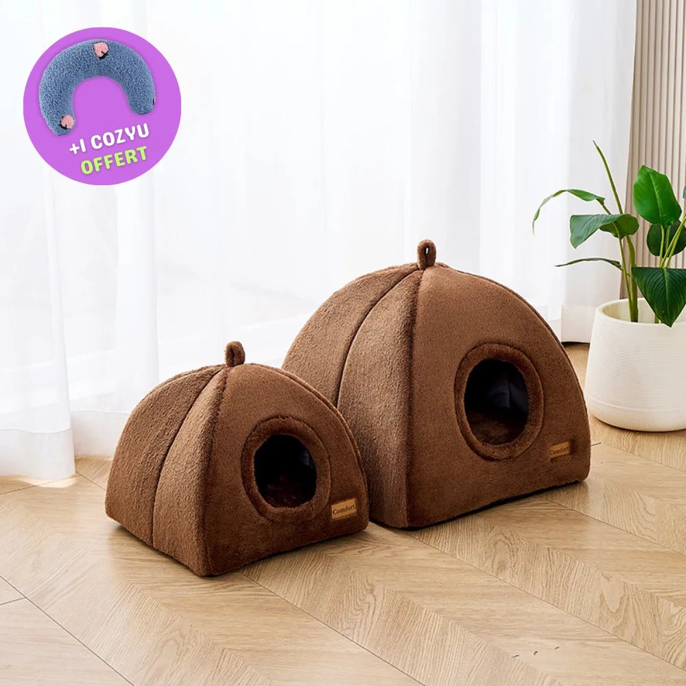 Tente pour chat CozyDen marron disponible en deux tailles S et L