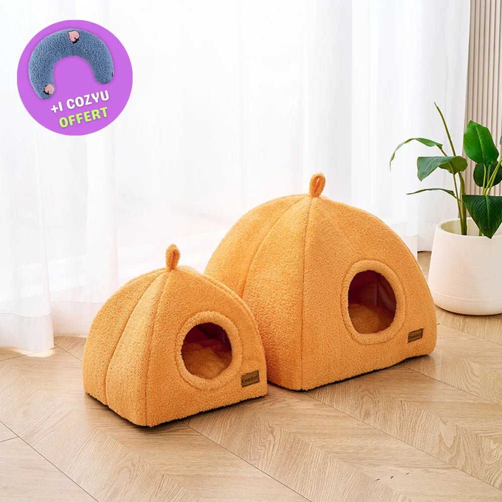 Tente pour chat CozyDen orange disponible en deux tailles S et L