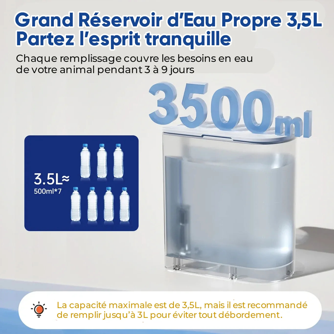 Fontaine à eau pour chat avec grand réservoir d’eau propre de 3,5 litres