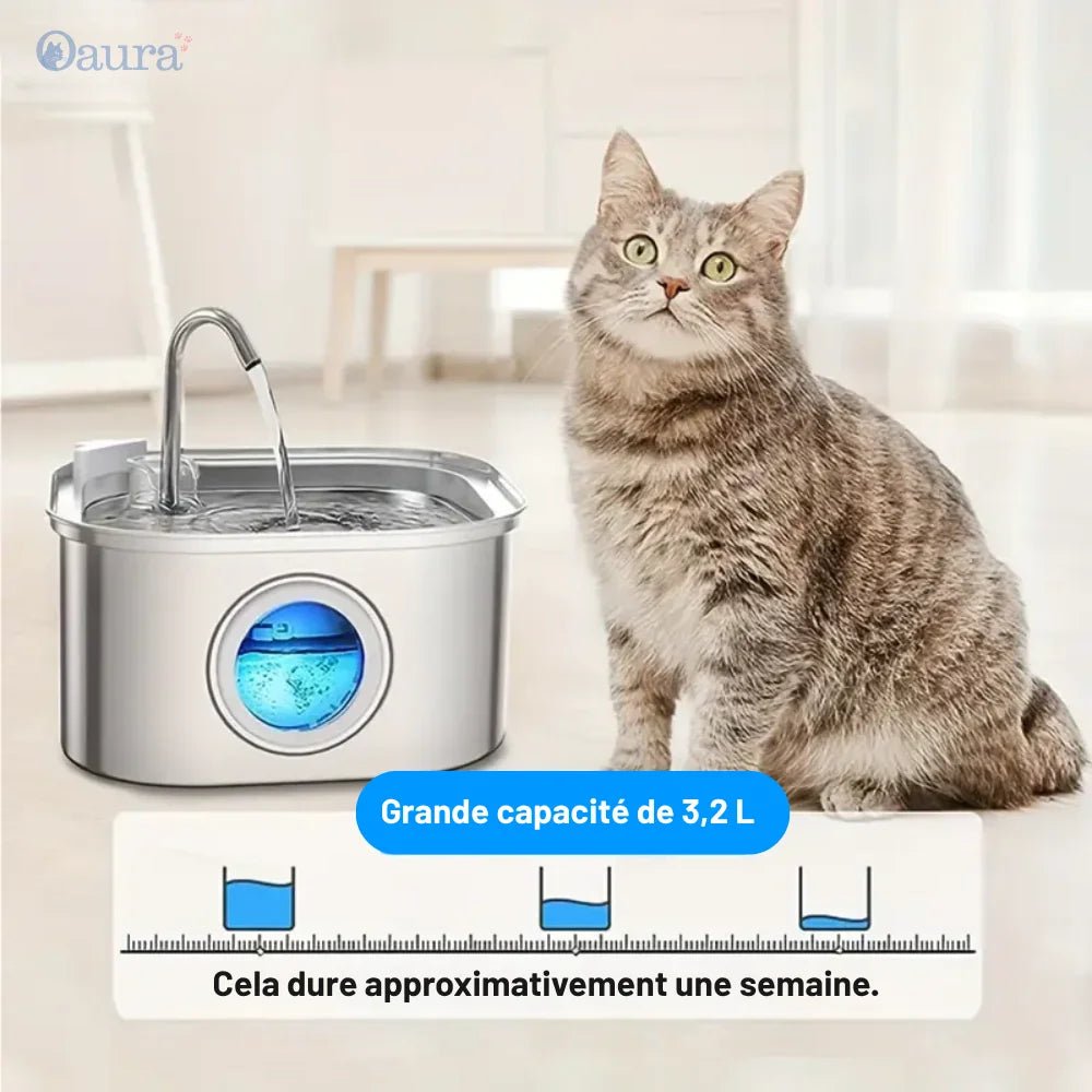 Fontaine à eau chat inox HydraChat grande capacité 3,2 L avec LED intelligente