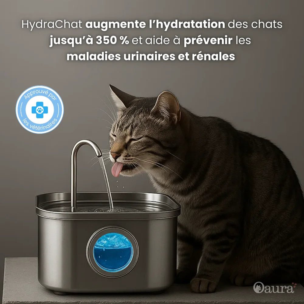 Fontaine à eau chat inox HydraChat avec LED et chat qui boit l’eau en mouvement