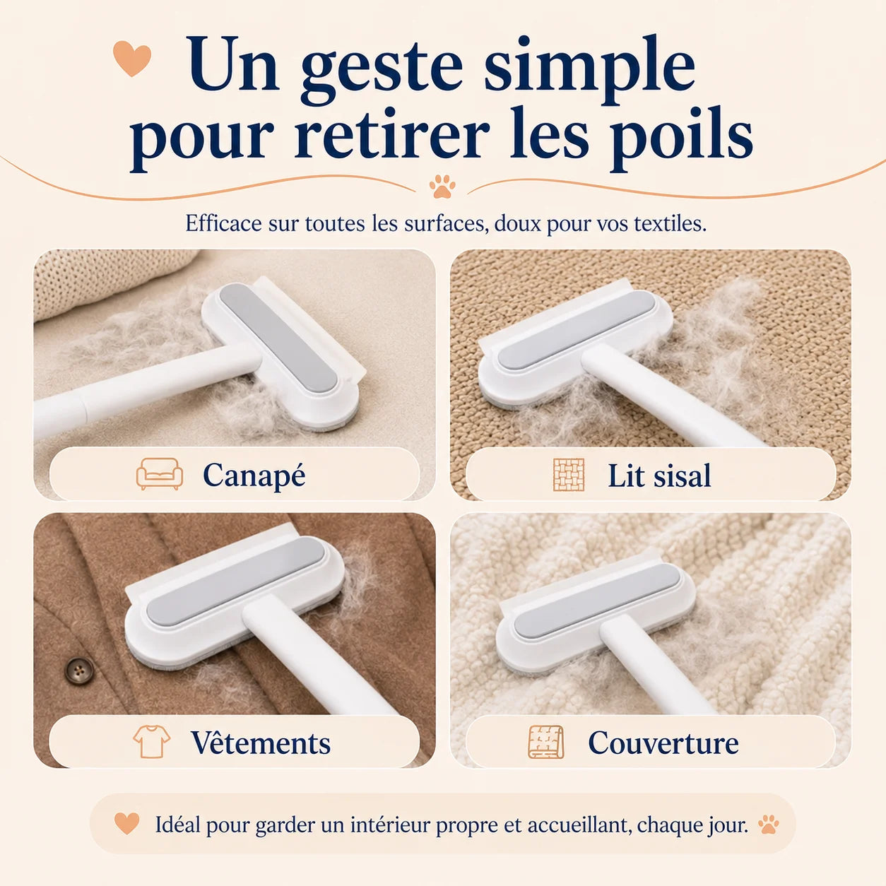 Ramasse poil chat FurSweep efficace sur canapé, lit sisal, vêtements et couverture