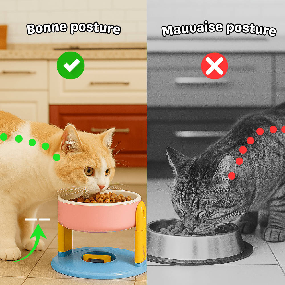 Comparatif bonne posture avec gamelle surélevée ErgoBowl et gamelle classique au sol