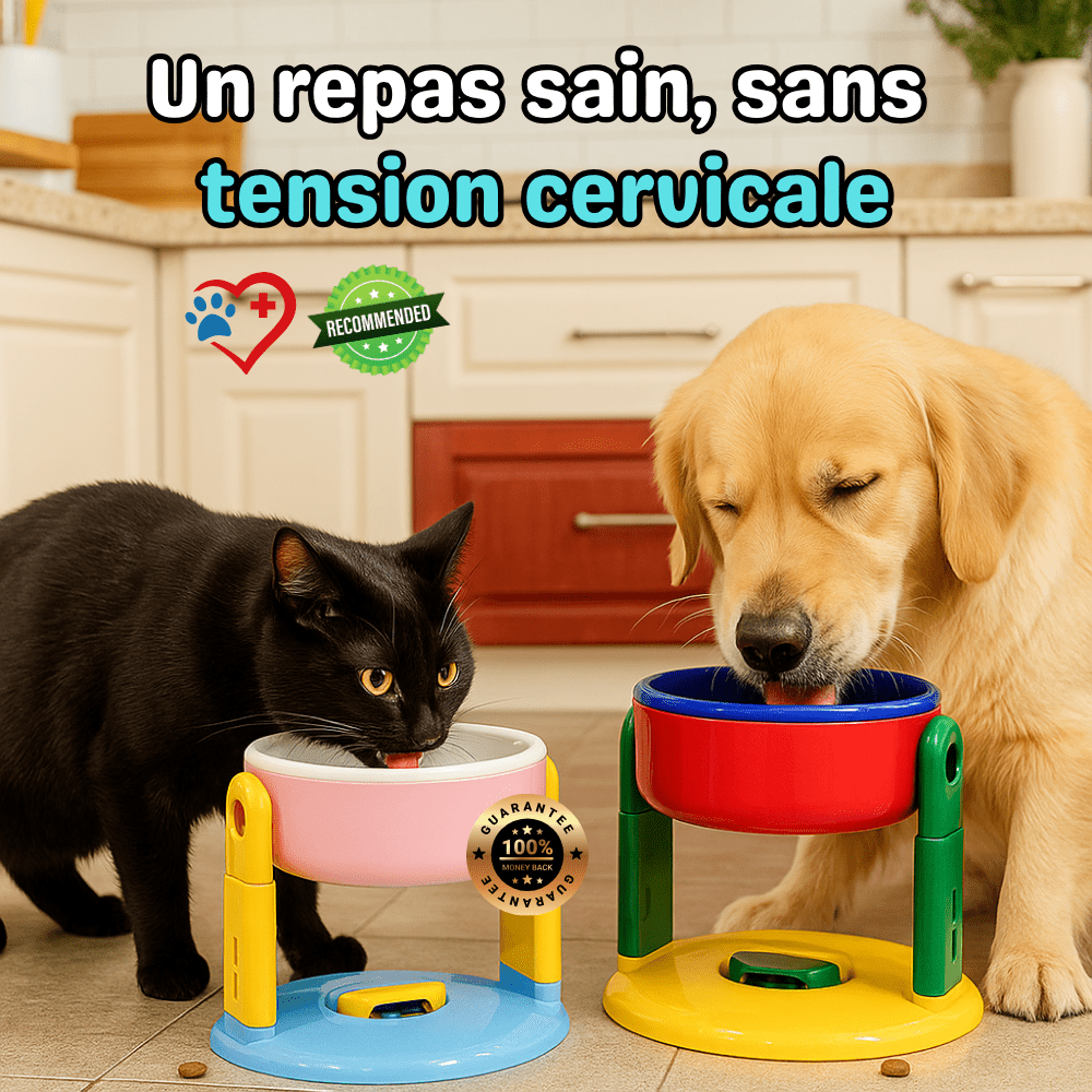 Chat et chien mangeant dans la gamelle surélevée réglable ErgoBowl