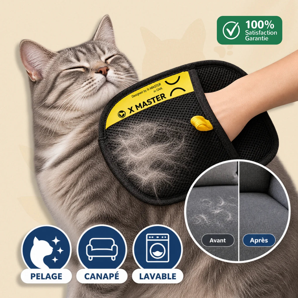 Gant anti-poil pour chat PawsGlove retirant les poils du pelage avec aperçu avant-après sur canapé