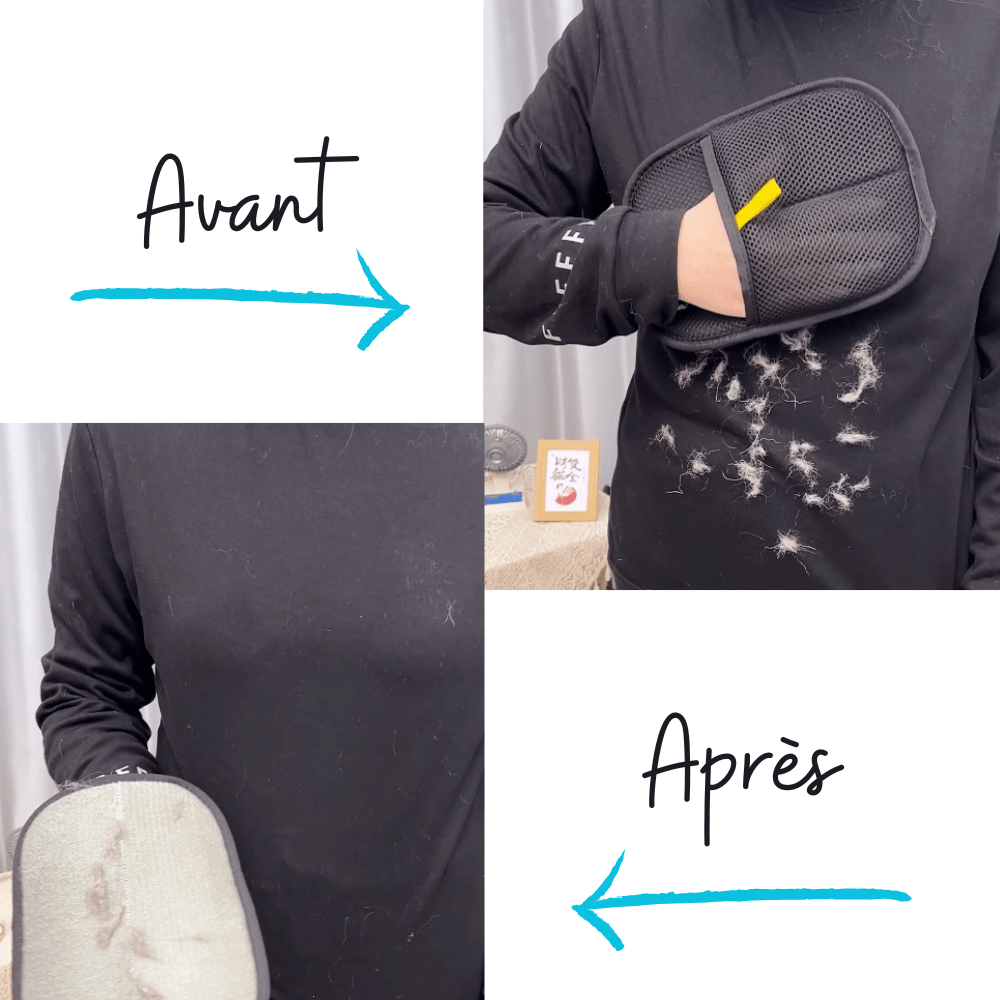 Avant après avec le gant anti-poils PawsGlove sur vêtement noir couvert de poils