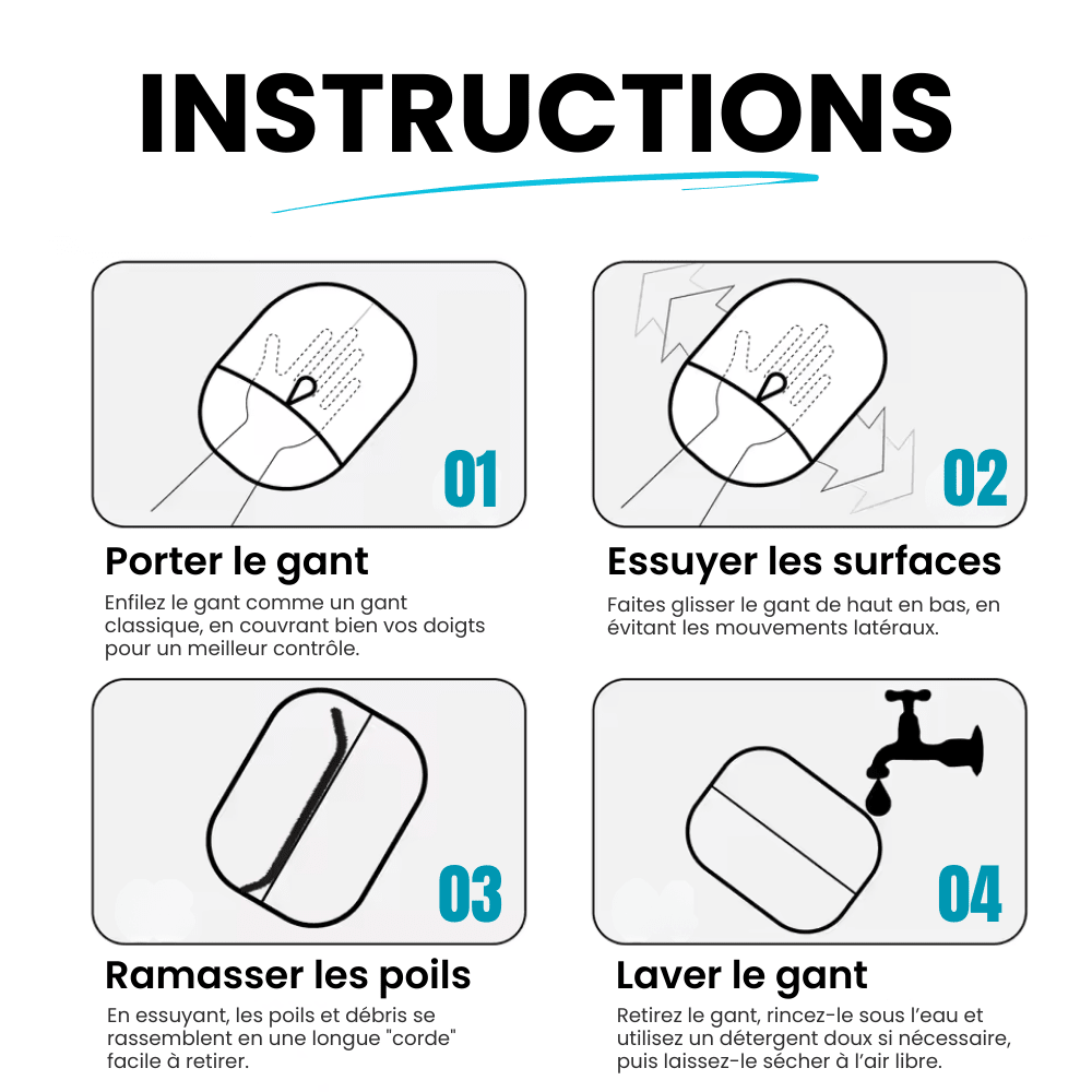 Mode d’emploi du gant anti-poils PawsGlove réutilisable et lavable