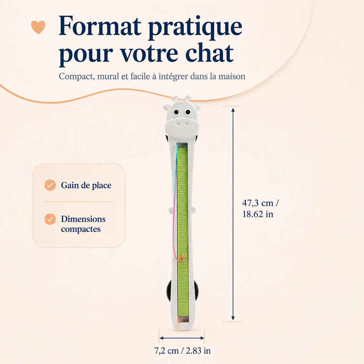 Dimensions du jouet mural GiraFly pour chat - 43 cm de hauteur, 7,2 cm de largeur, format compact