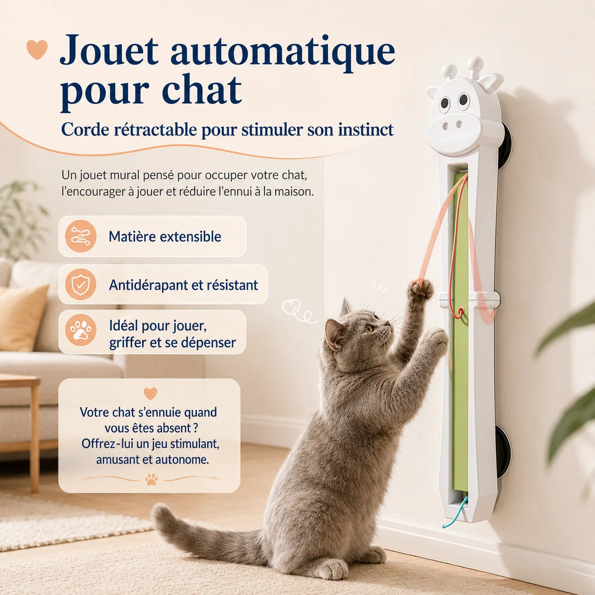 GiraFly jouet automatique mural pour chat avec corde rétractable, fixé sur mur blanc
