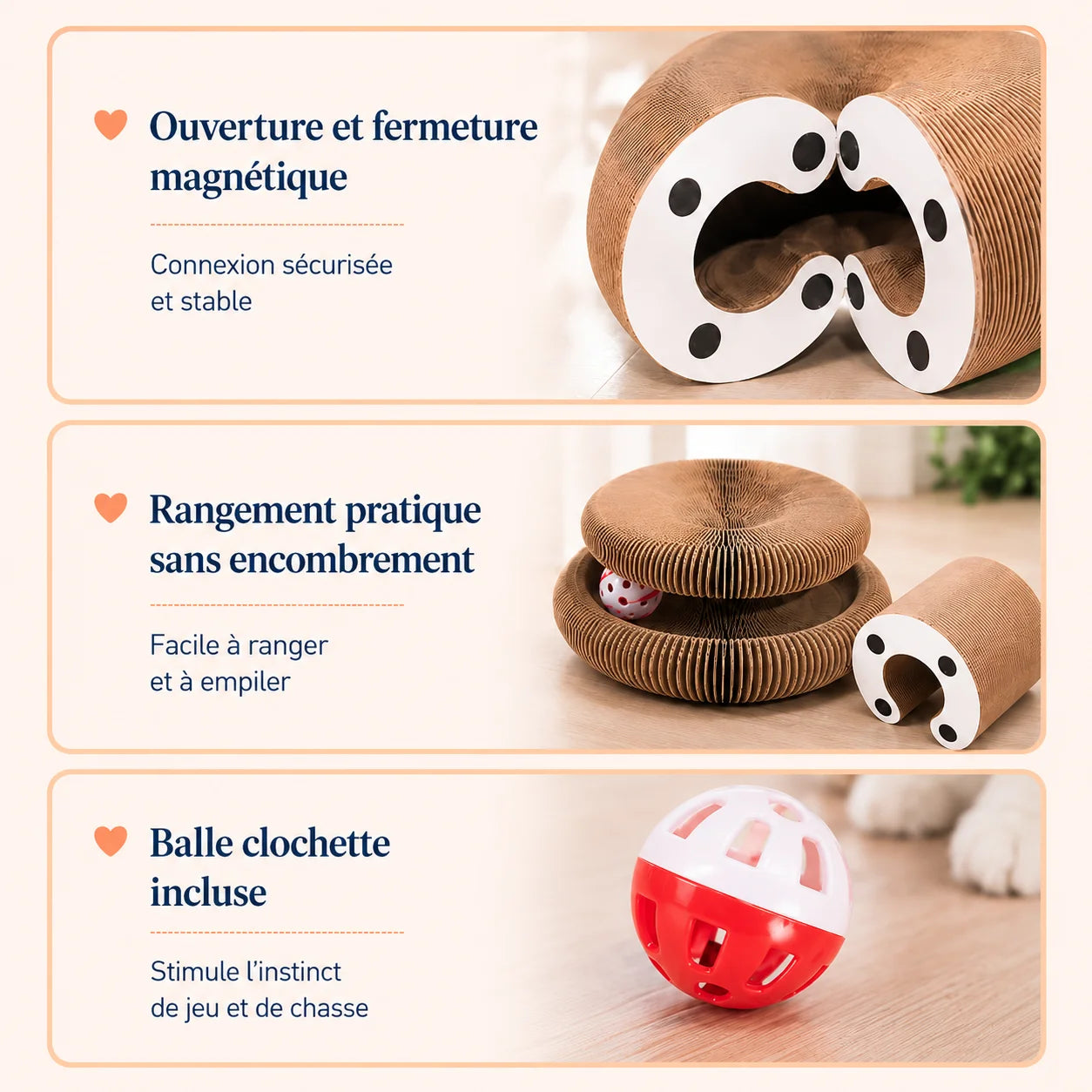 Boules clochette intégrées autour de GriffCat - stimulation auditive pendant le griffage