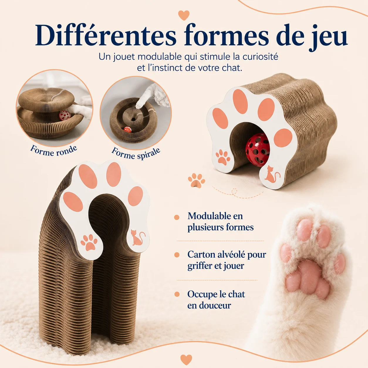 GriffCat présenté sous ses formes ronde, spirale et arche avec balle intégrée