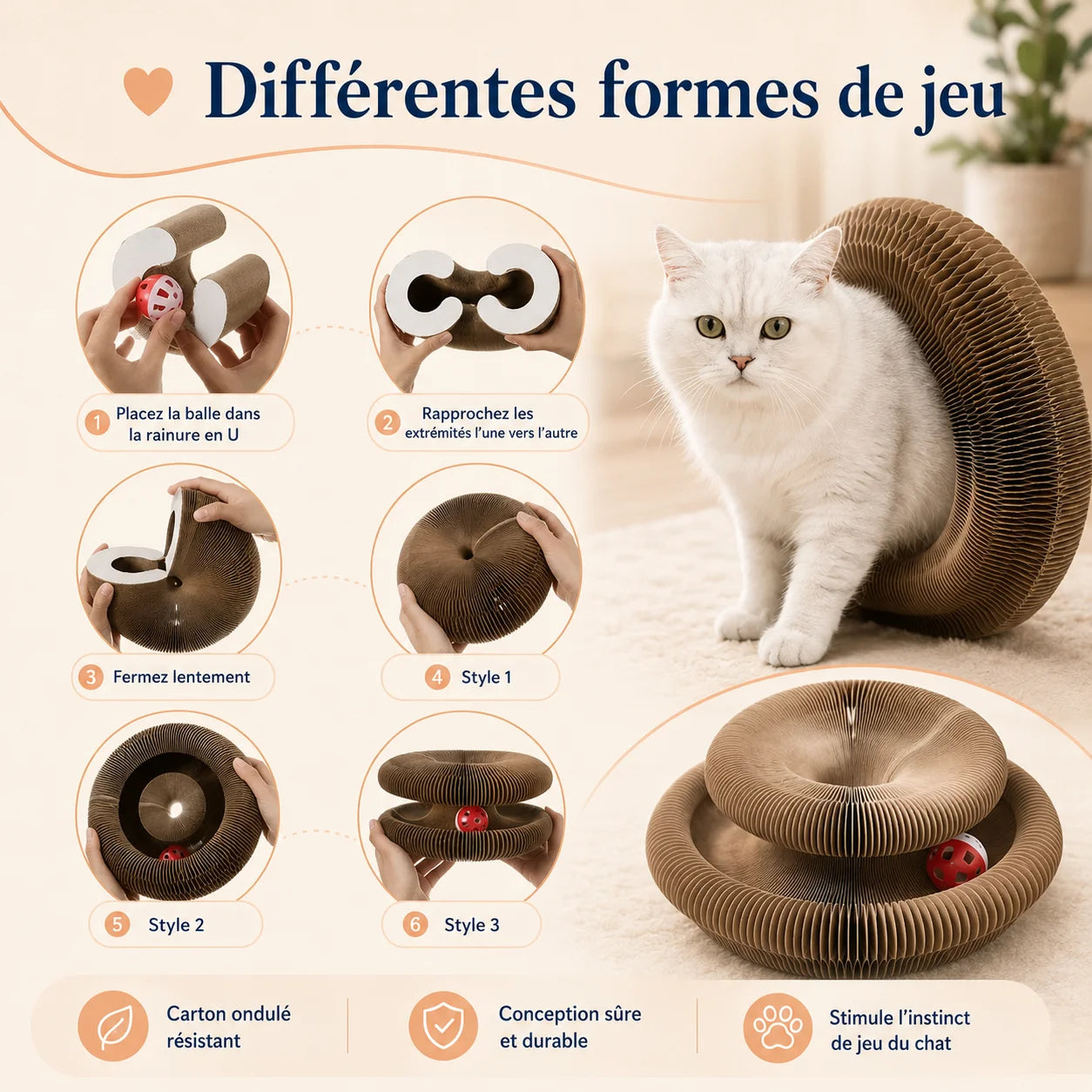 Instructions présentant six formes de jeu possibles avec le griffoir GriffCat