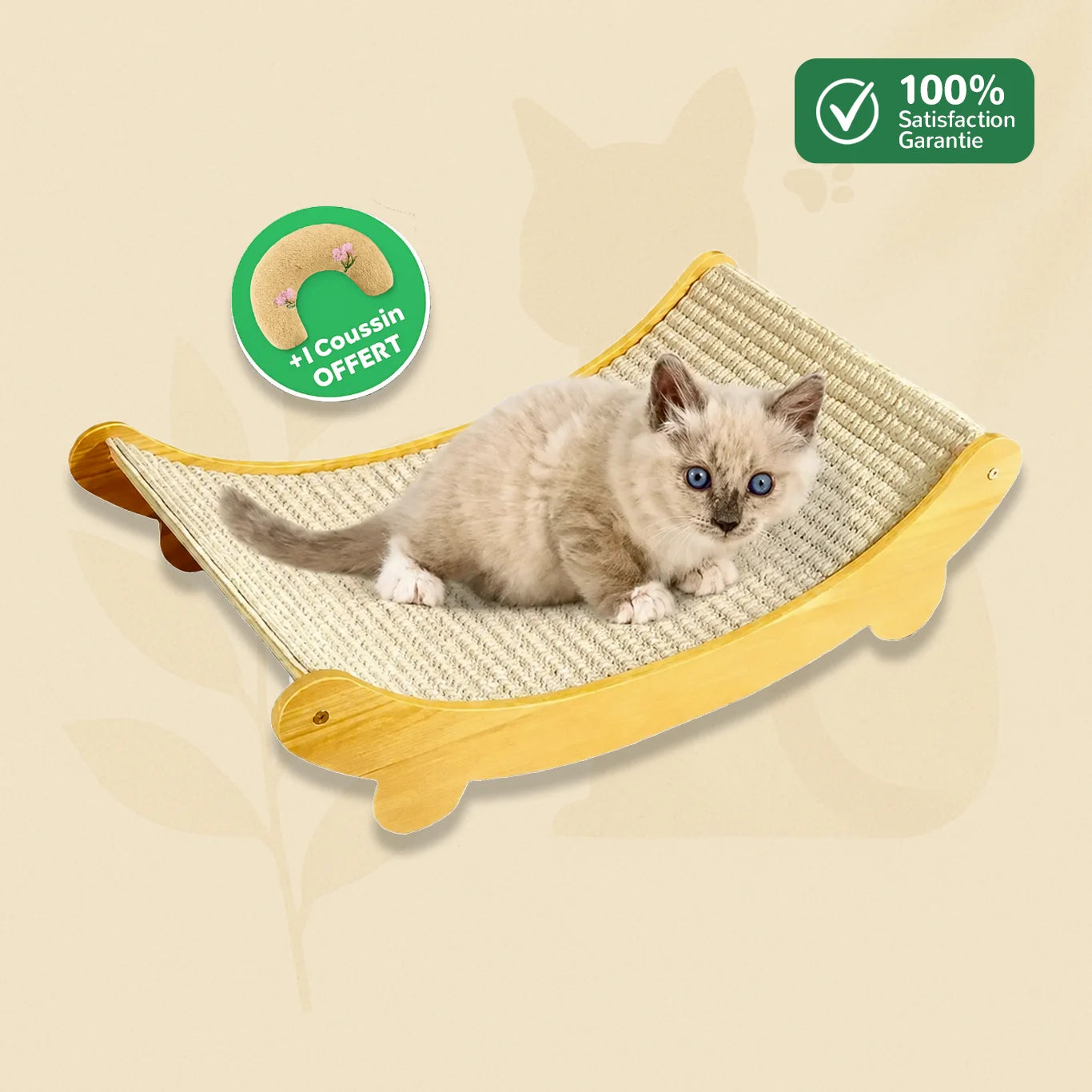 GriffoNest griffoir en sisal avec chaton installé sur le lit à gratter