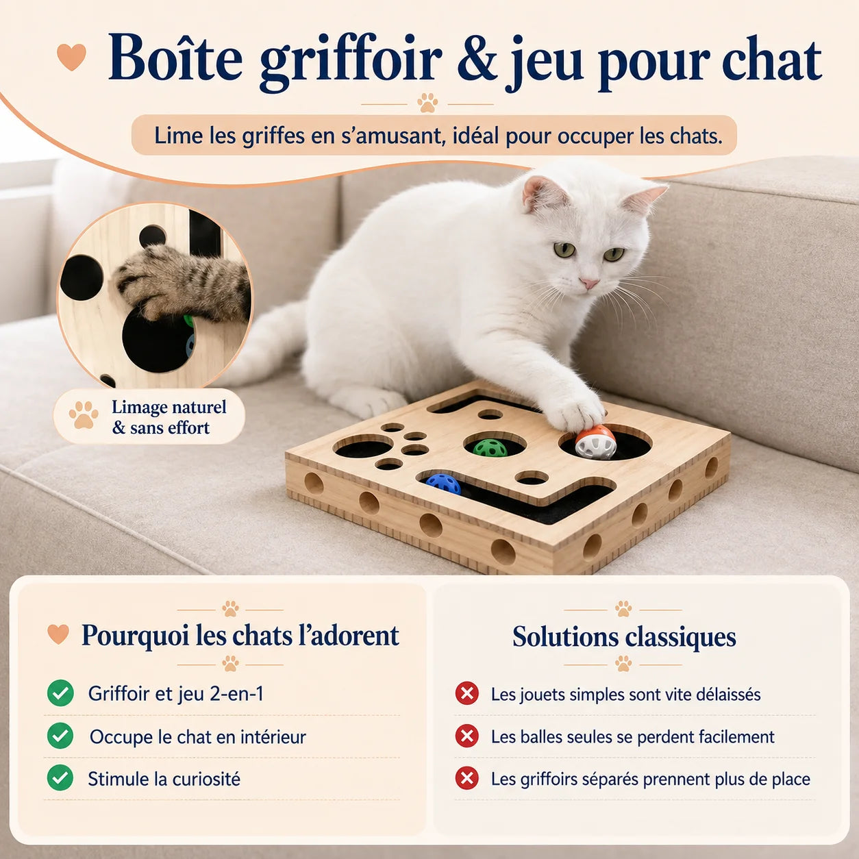 Griff'Puzzle 2-en-1 : griffoir en bois naturel + puzzle interactif avec balles pour chat