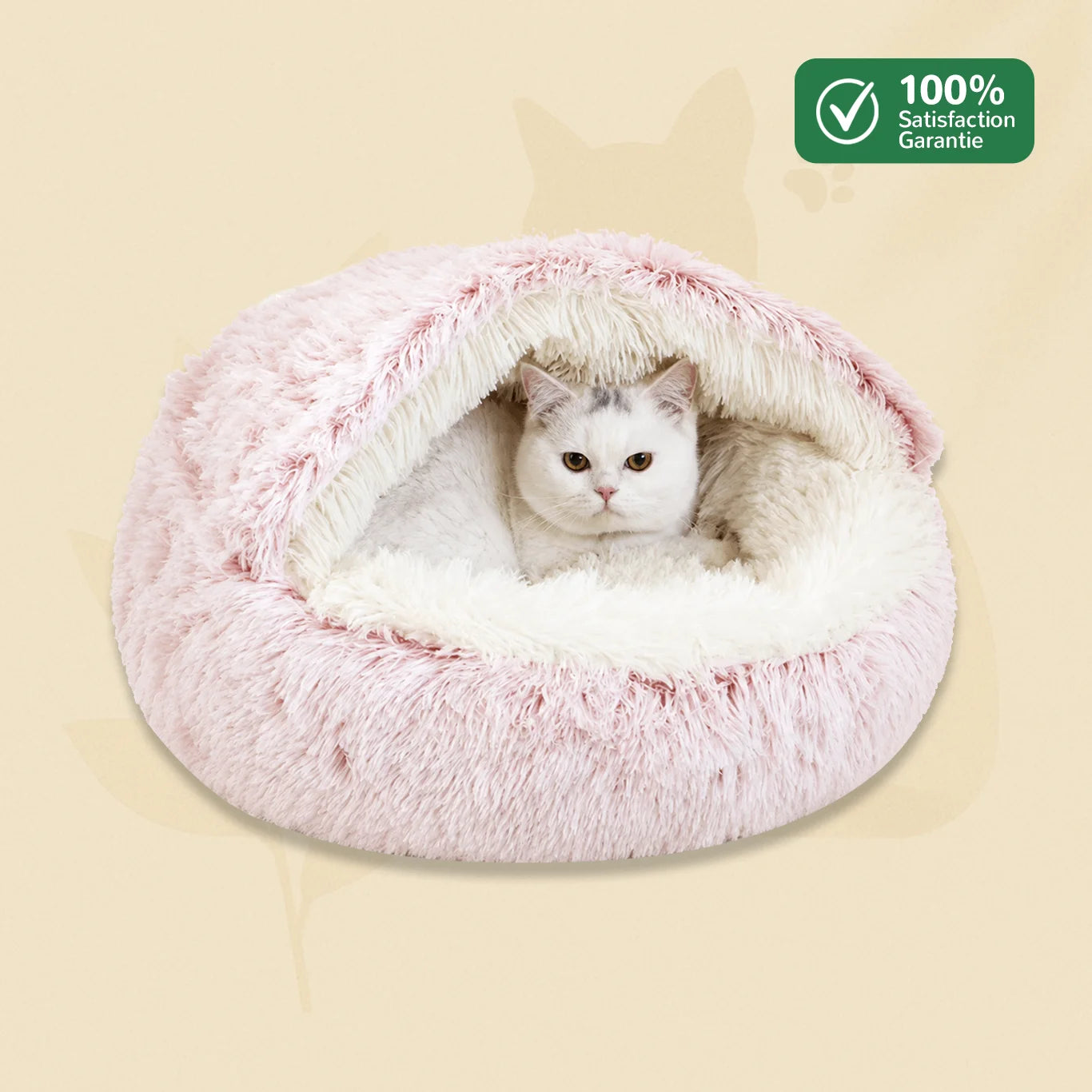 PawsCave grotte pour chat douillette rose avec chat installé dans le cocon