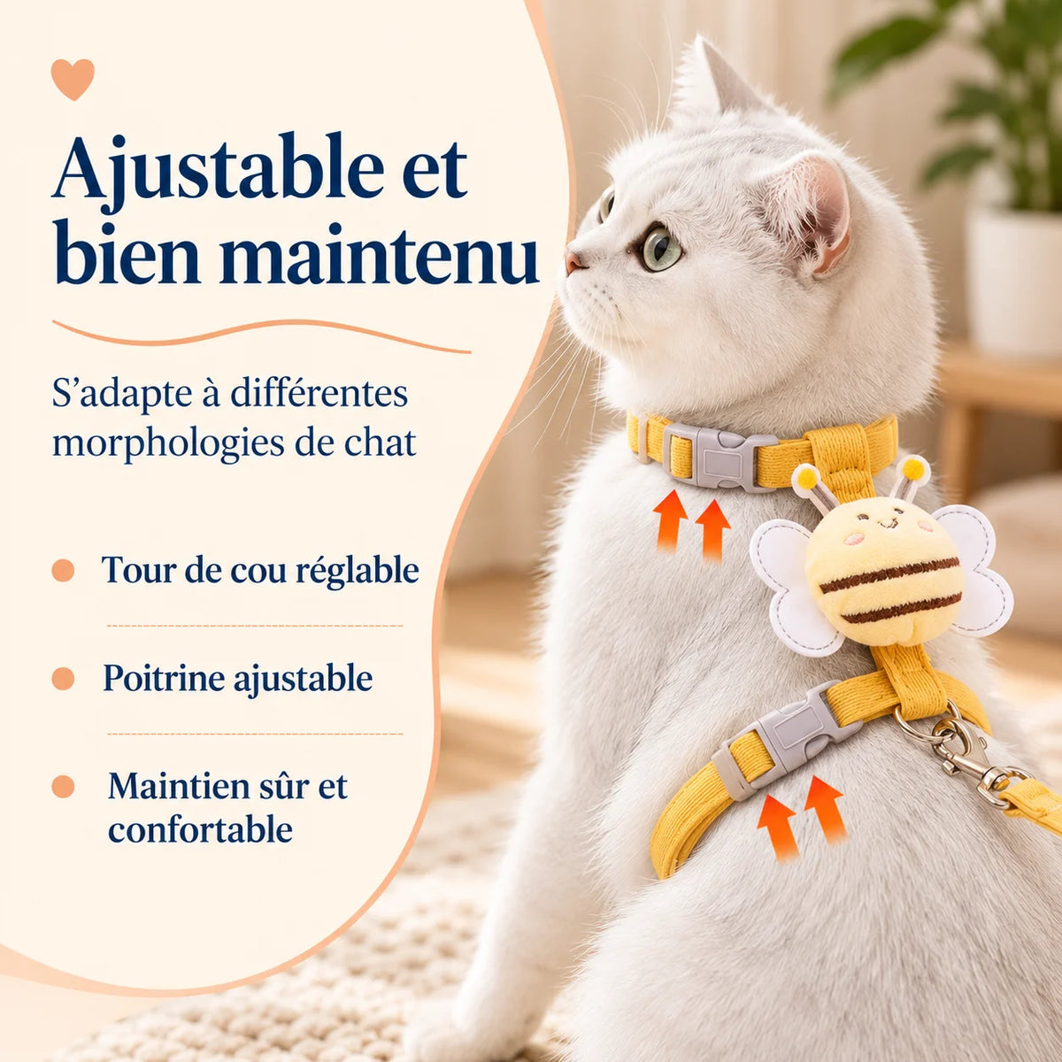 Chat portant le harnais abeille jaune BeeCats avec tour de cou réglable, poitrine ajustable et maintien confortable