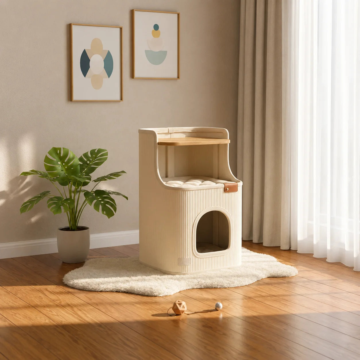 Meuble design pour chat HavenCat avec niche fermée et plateau bois dans un salon moderne