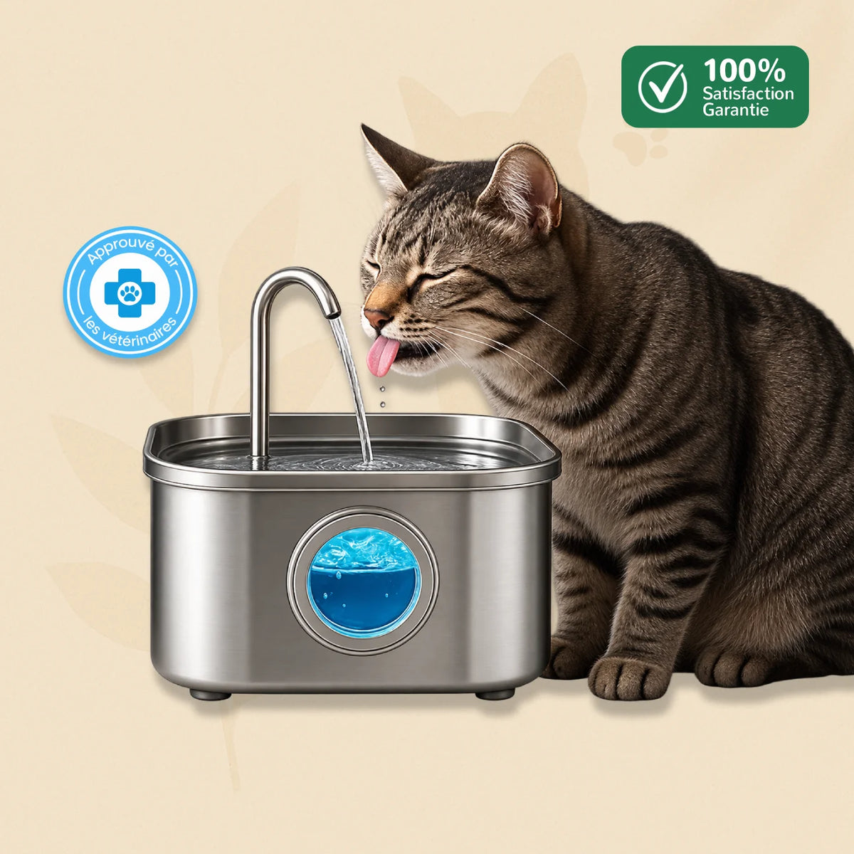 Fontaine chat inox 304 HydraChat avec LED bleu et filtration 5 étapes