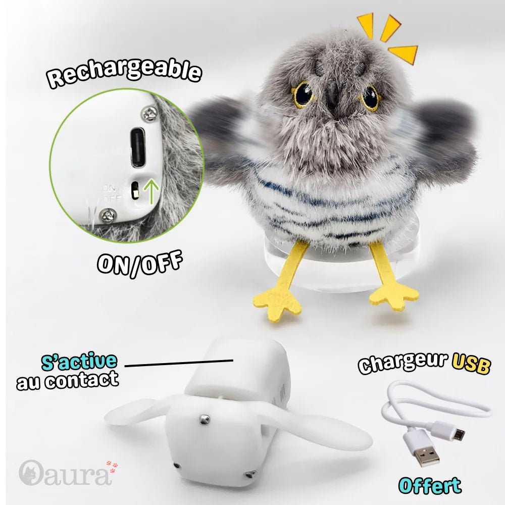 Port de recharge USB-C du jouet oiseau PiouCat - charge complète en 2h, câble inclus