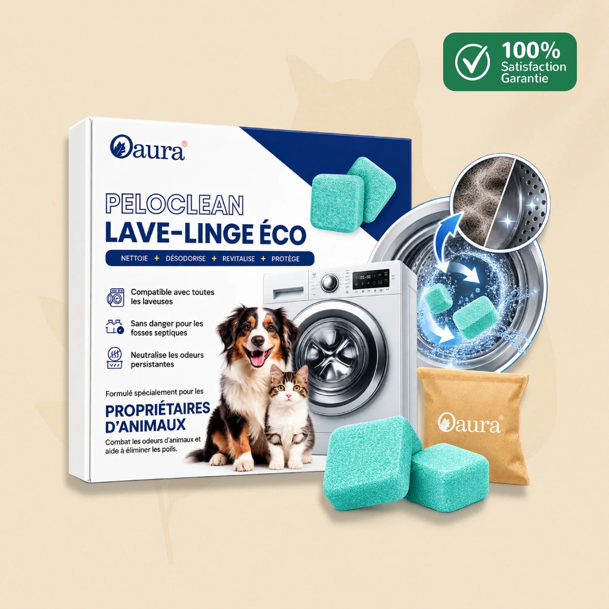 Nettoyant lave-linge PeloClean avec boîte, pastilles et sachet pour les foyers avec animaux