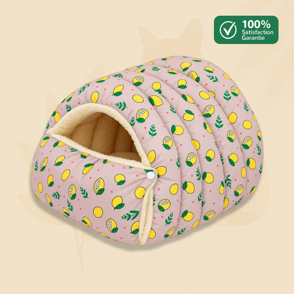 Niche pour chat CosyNest rose à motif citrons avec intérieur moelleux et semi-fermé – Oaura