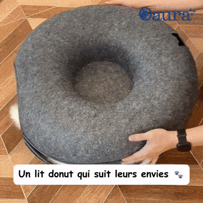 Lit donut pour chat Nideo transformable en grotte, tunnel ou 2 nids séparés grâce au zip central