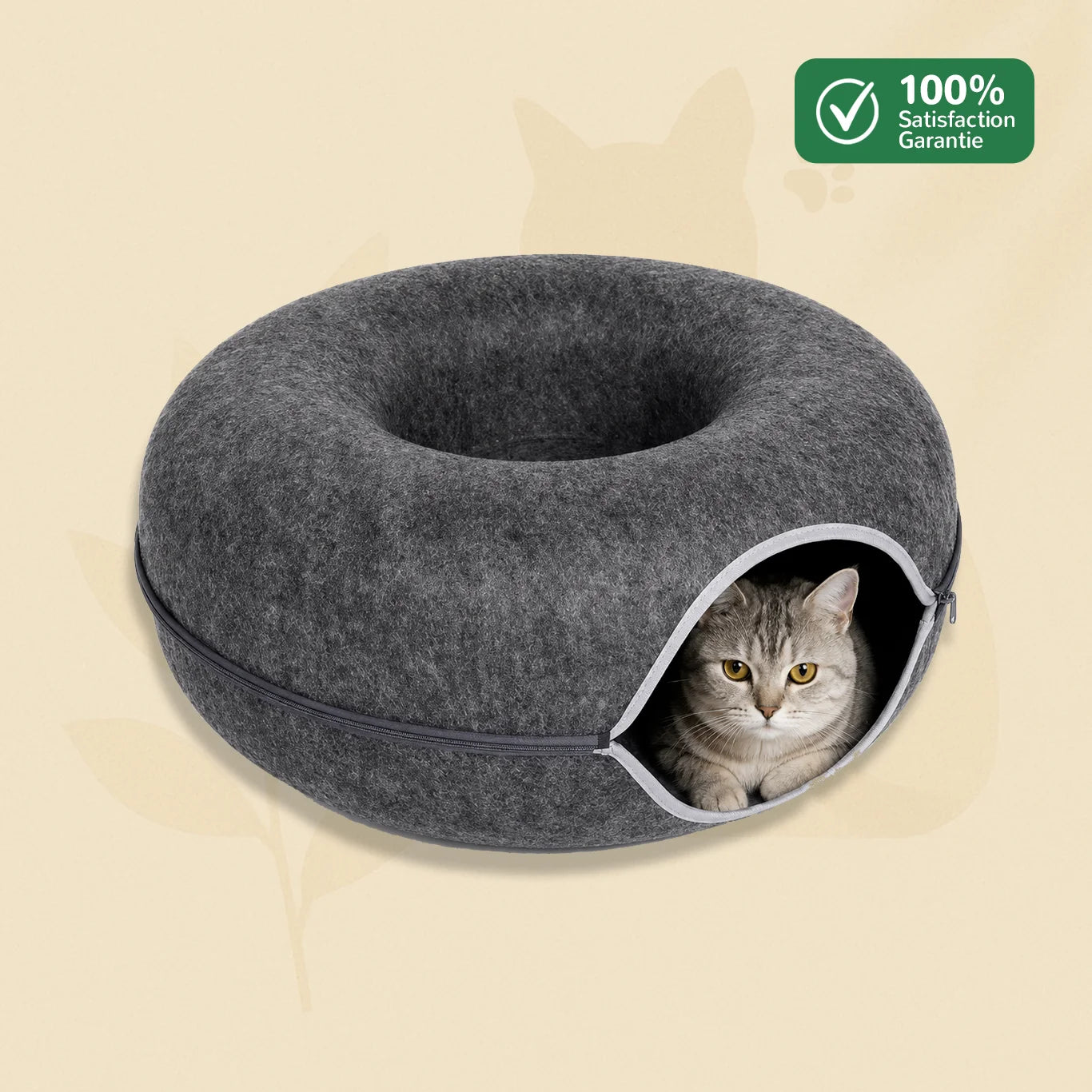 Lit donut pour chat Nideo gris foncé avec ouverture grotte et fermeture éclair