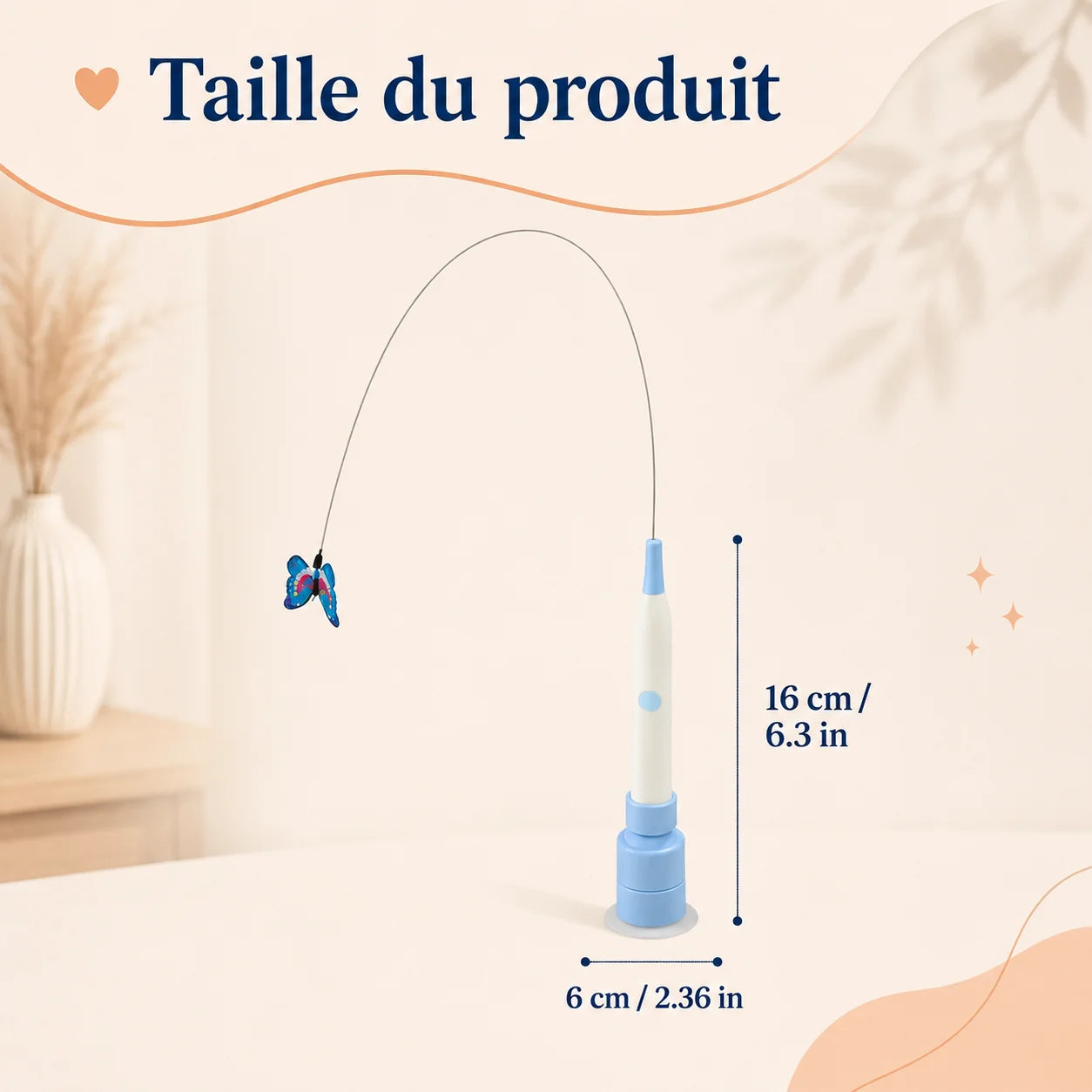 Dimensions du jouet papillon FlutterPlay pour chat - taille compacte, compatible toutes races et tailles de chats