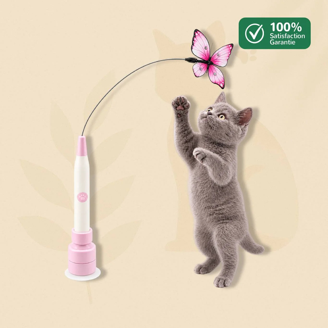 Jouet papillon chat automatique FlutterPlay coloris rose - vue produit complète, ventouse intégrée - Oaura
