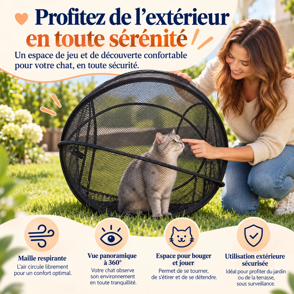 Parc pour chat BulleCat utilisé dans un jardin avec maille respirante et vue panoramique – Oaura