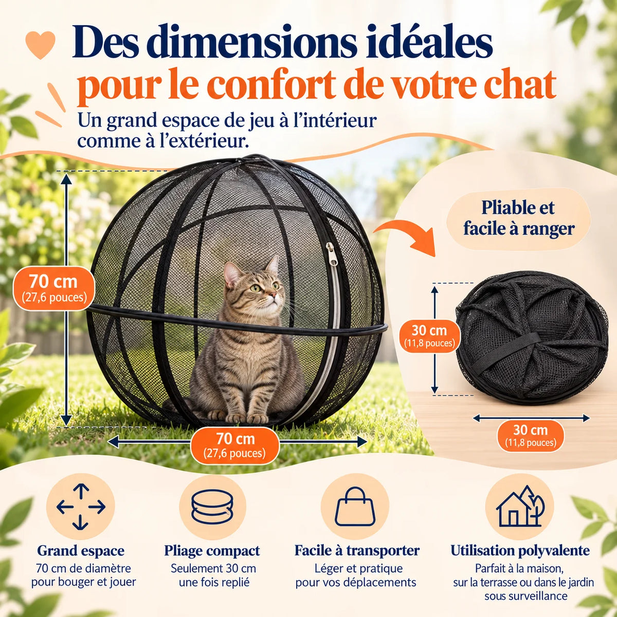 Dimensions du parc sphérique pour chat BulleCat : 70 cm déplié et 30 cm une fois replié – Oaura
