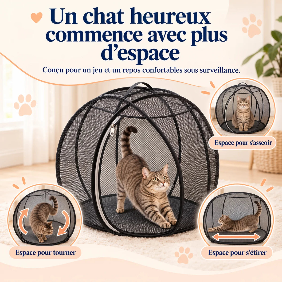 Parc sphérique pour chat BulleCat offrant de l’espace pour s’asseoir, tourner et s’étirer – Oaura