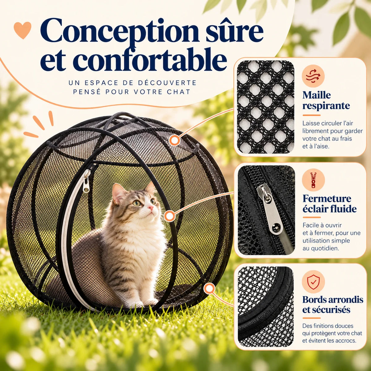 Parc sphérique pour chat BulleCat avec maille respirante, fermeture éclair et bords arrondis – Oaura