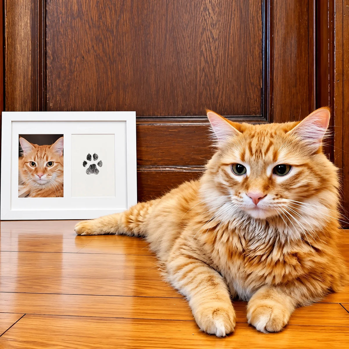 Chat roux près d’un cadre PawMemory avec photo et empreinte de patte en souvenir