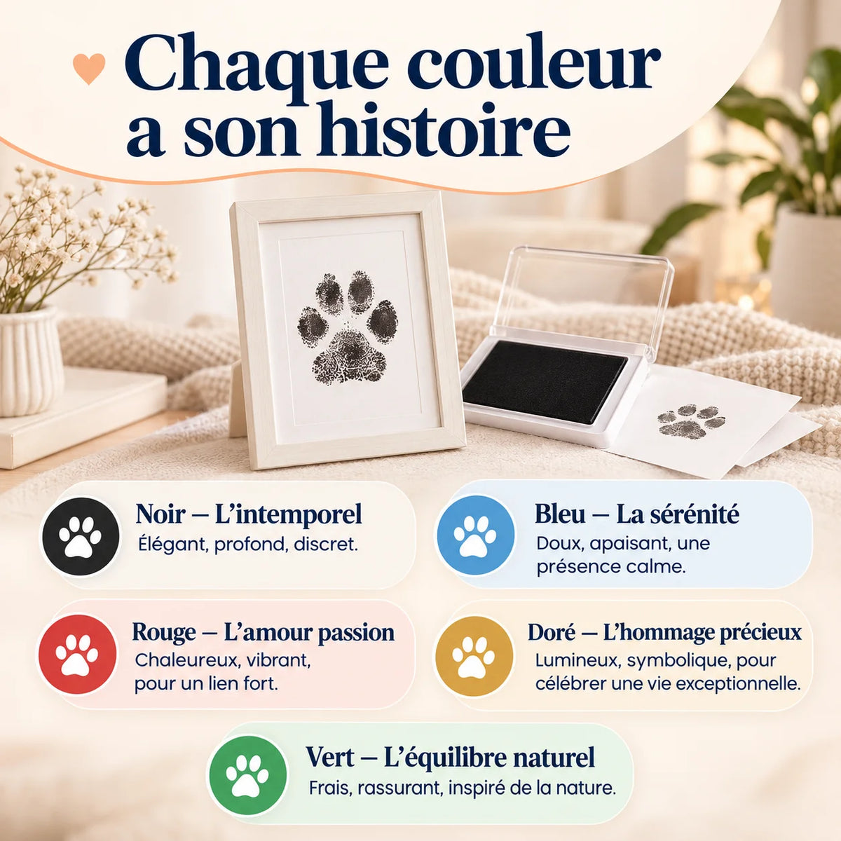 Kit empreinte animaux PawMemory disponible en noir, bleu, rouge, doré et vert selon le souvenir souhaité
