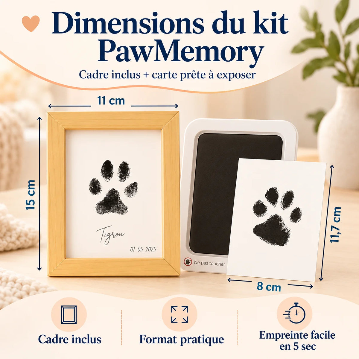Dimensions du kit PawMemory avec cadre 15 x 11 cm, carte empreinte et tampon encreur