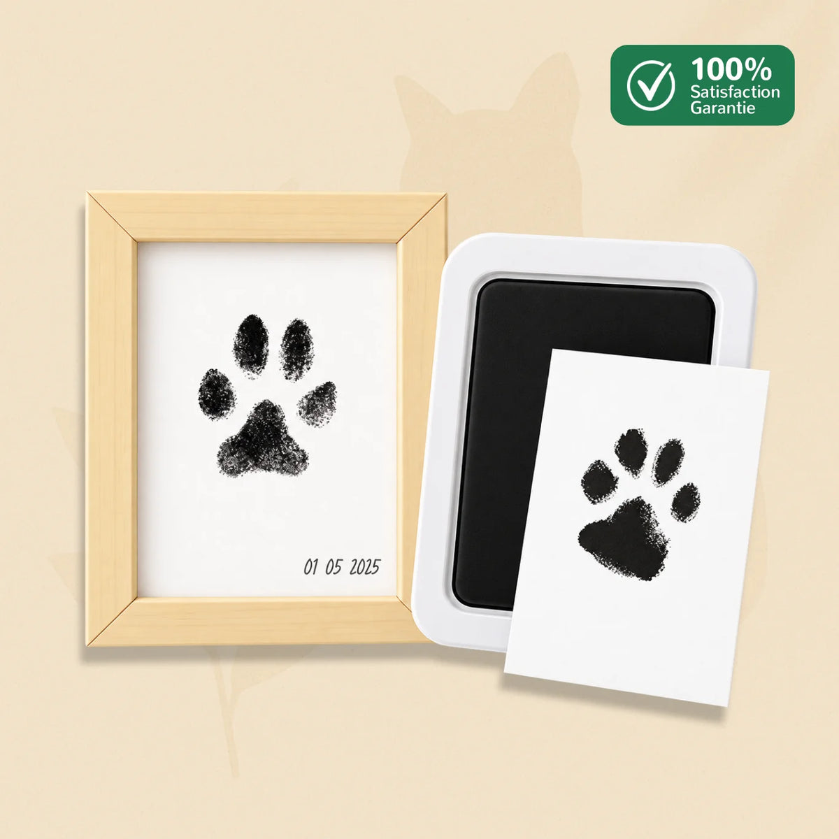 Kit empreinte animaux PawMemory noir avec cadre, tampon encreur et carte pour empreinte de patte