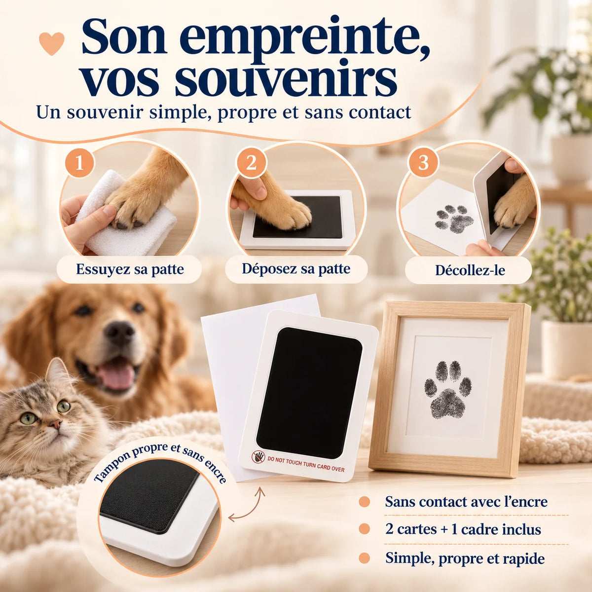 Kit empreinte animaux PawMemory avec étapes pour essuyer la patte, déposer l’empreinte et l’encadrer