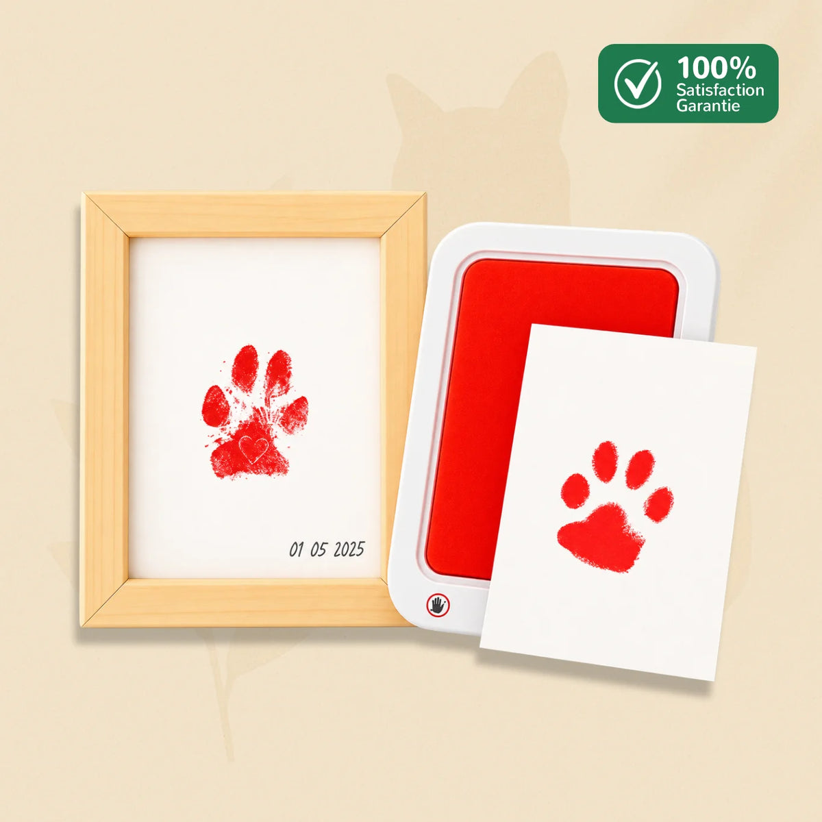 Kit empreinte patte animaux PawMemory rouge avec cadre, carte et tampon encreur sans contact
