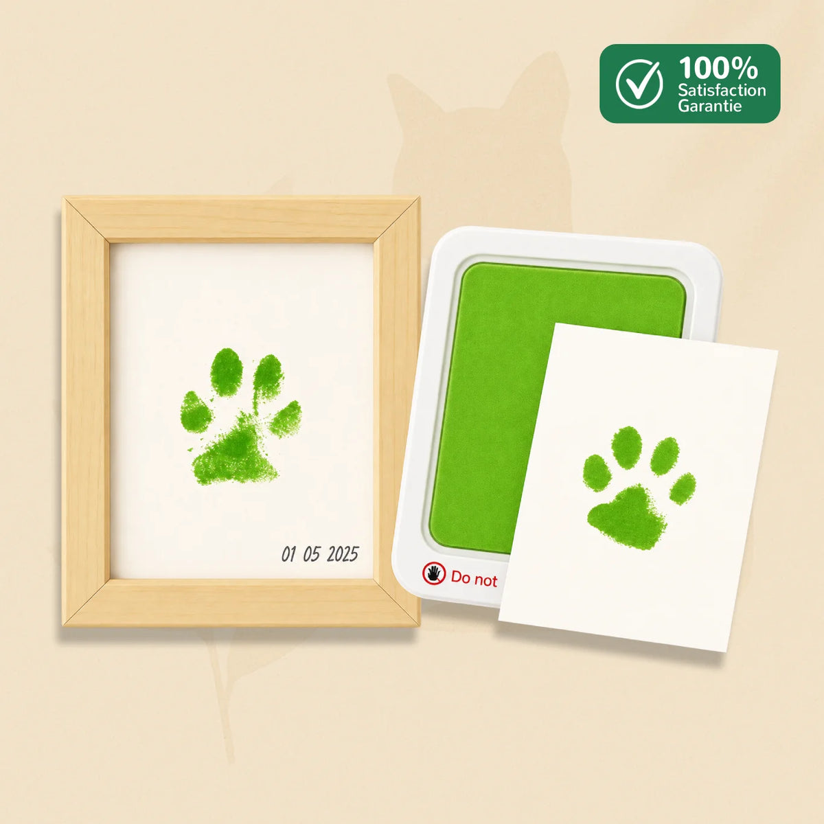 Kit empreinte patte animaux PawMemory vert avec cadre, tampon encreur et carte souvenir