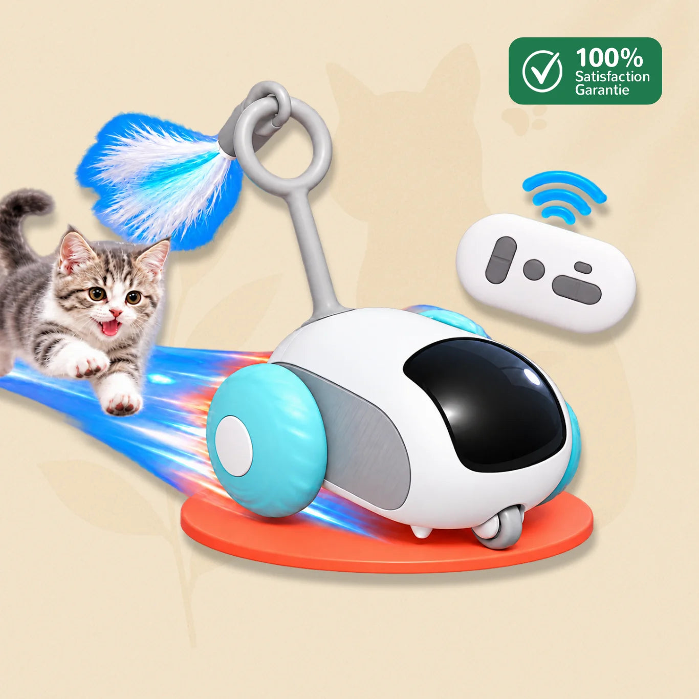 PawsCars bleue - voiture télécommandée pour chat RC, plume et télécommande incluses