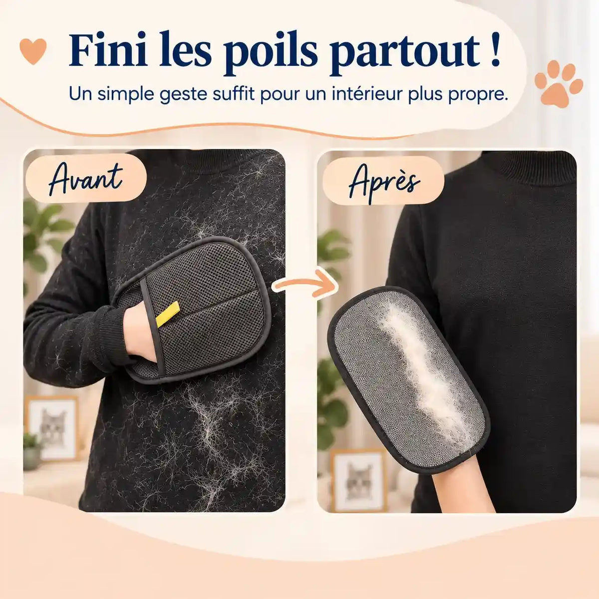 Avant après du gant anti-poils PawsGlove sur un vêtement noir pour retirer les poils de chat en un geste